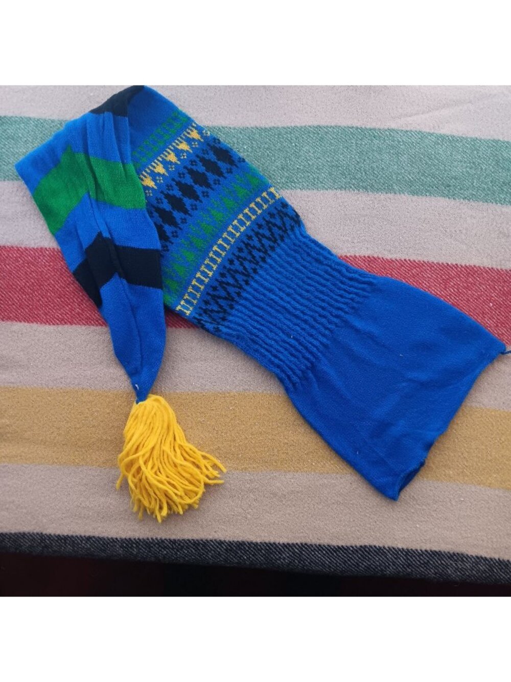Vintage Hand-Knit Elf Hat 1970's Hippy Blue Nordic Pattern With Yellow Tassel